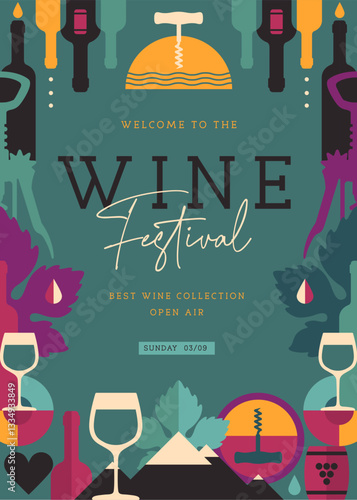 Modern banner, cover or poster with wine bottles and glasses. Restaurant menu design. Wine background. Vector illustration