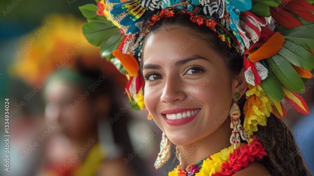 Vibrant Celebration: Close-up of a Smiling Young Woman Adorned in a Colorful Feather Headdress and Decorative Floral Garlands during festival Vibrant Celebration: Close-up of a Smiling Young Woman Adorned in a Colorful Feather Headdress and Decorative Floral Garlands during festival