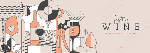 Modern line art banner or poster with wine bottles and glasses. Restaurant menu design. Wine background. Vector illustration
