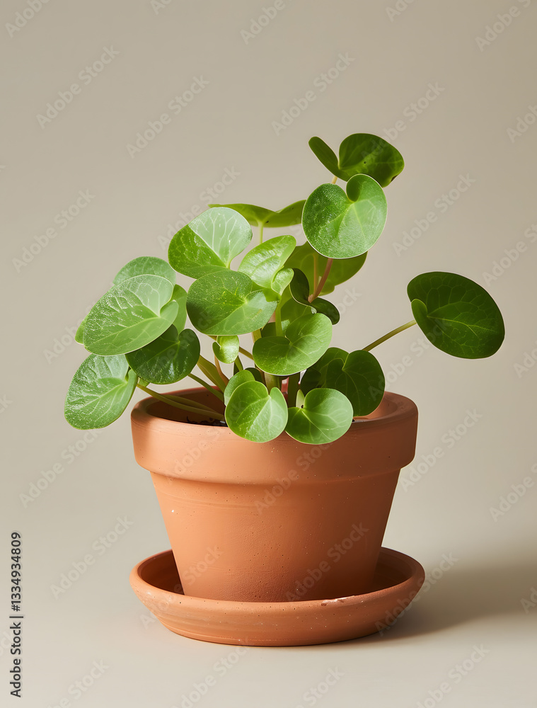 Fototapeta premium Pilea in a small terracotta pot with a simple saucer, creating a minimalist and stylish indoor plant display.