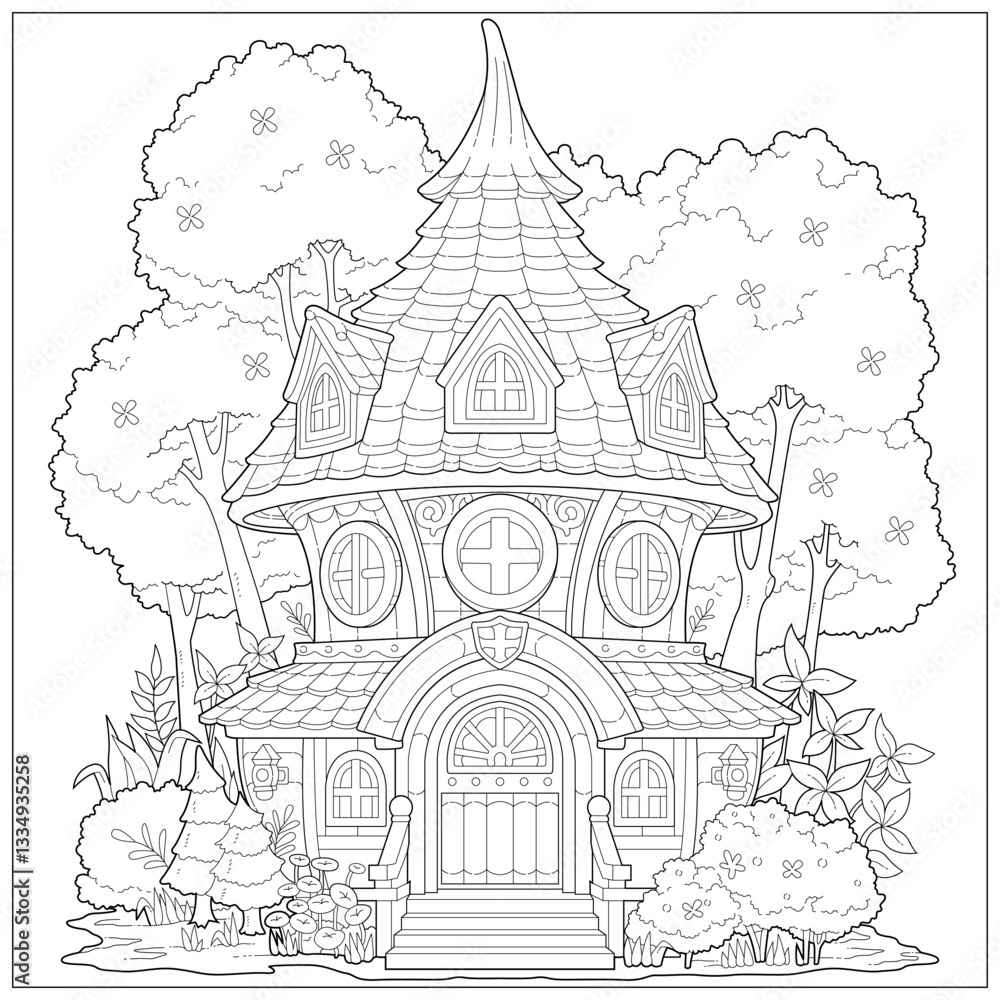 Fantasy house with tree, flower and plant behind it. Learning and education coloring page illustration for adult and children. Vector outline style, black and white drawing for various purposes.
Fantasy house with tree, flower and plant behind it. Learning and education coloring page illustration for adult and children. Vector outline style, black and white drawing for various purposes.