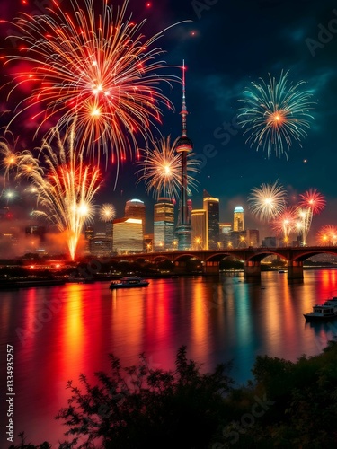 Spectacular fireworks light up the sky during a colorful nighttime celebration on the banks of the Generative AI River