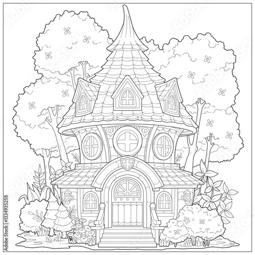 Fantasy house with tree, flower and plant behind it. Learning and education coloring page illustration for adult and children. Vector outline style, black and white drawing for various purposes.
