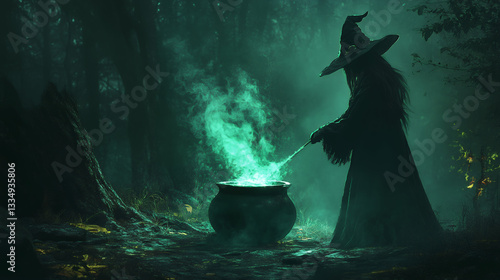 A witch stirring a bubbling cauldron in a dark mysterious room