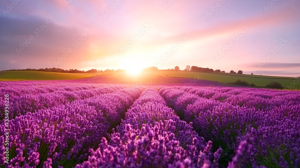 Fototapeta premium Vibrant lavender field at sunrise, colorful blooming plants stretching across the landscape, serene and peaceful atmosphere, ideal for tranquil backgrounds.