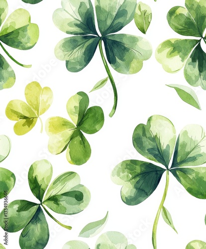 A vibrant watercolor pattern featuring various shades of green clovers on a white background, evoking a fresh and lively aesthetic.
