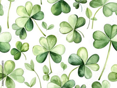 A vibrant pattern of green clovers against a white background, symbolizing luck and nature's beauty.