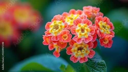 Vibrant Lantana blossoms, featuring delicate coral petals surrounding a sun-kissed golden center, against a lush green backdrop in summer season