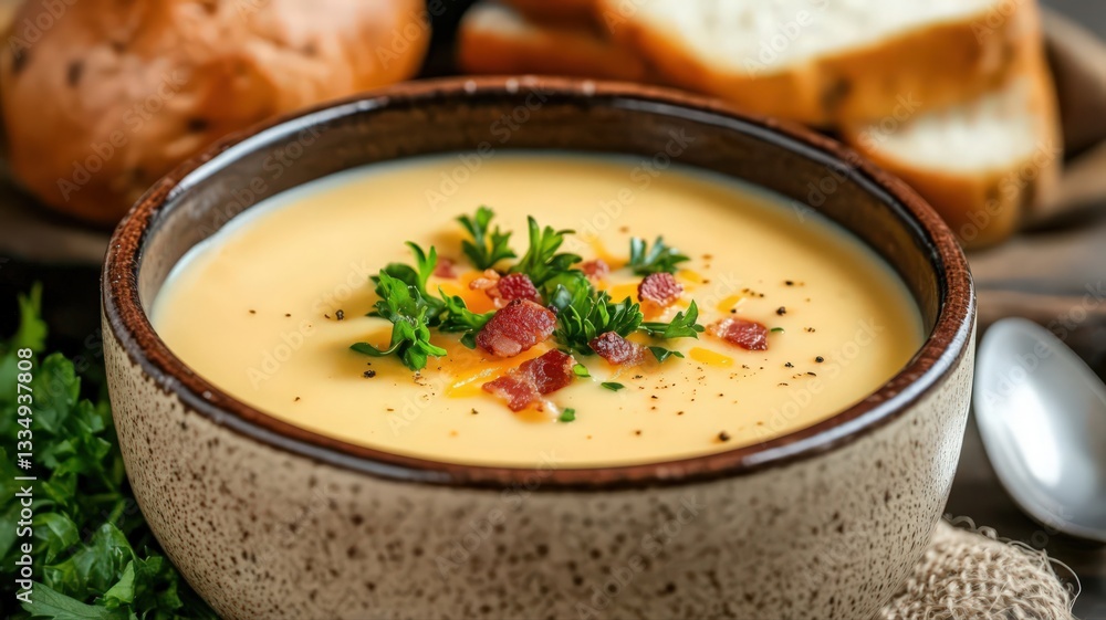 Creamy Cheese Soup with Bacon and Parsley Garnish Creamy Cheese Soup with Bacon and Parsley Garnish