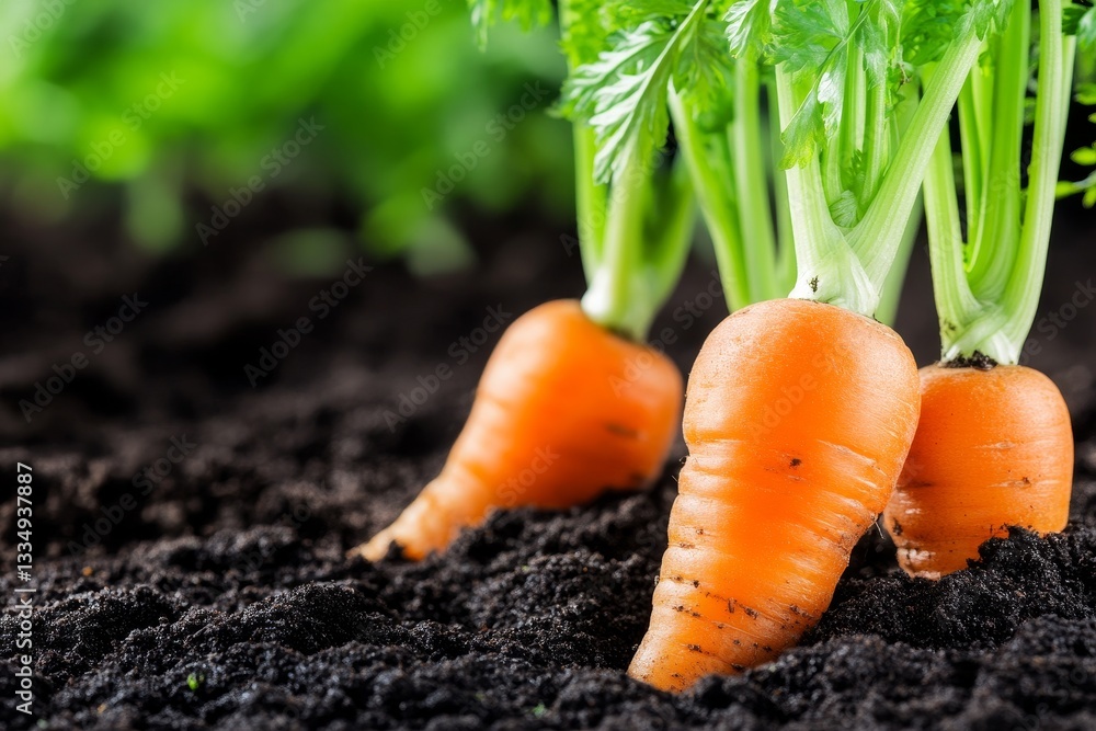Freshly Harvested Carrots in Soil - Three vibrant orange carrots, freshly pulled from the dark soil, with their green tops still attached. A close-up shot showcasing healthy growth Freshly Harvested Carrots in Soil - Three vibrant orange carrots, freshly pulled from the dark soil, with their green tops still attached. A close-up shot showcasing healthy growth