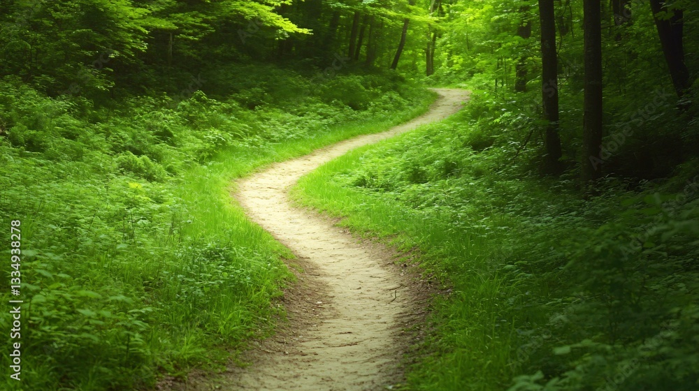 Obraz premium Serene winding path through lush greenery, inviting nature trail surrounded by vibrant foliage, perfect for peaceful strolls.