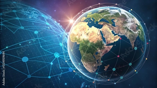Digital globe with interconnected glowing lines representing global communication technology and network connectivity in a futuristic world