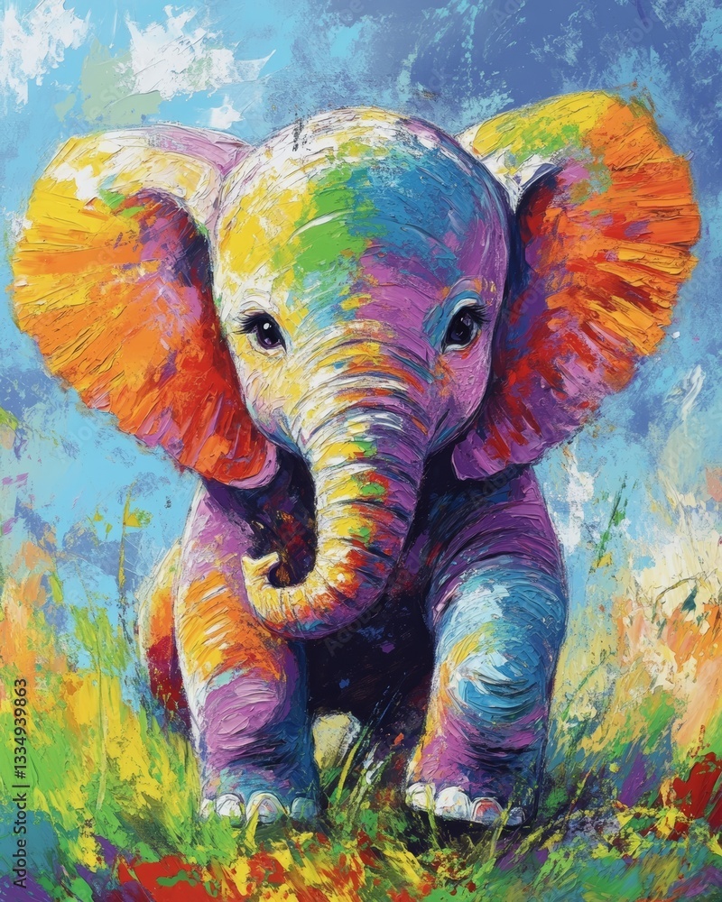 Obraz premium Vibrant rendition of a baby elephant in a field, using a colorful and expressive palette knife technique to create texture.