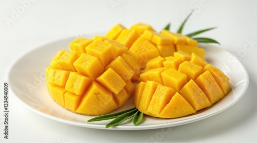 Close-up of juicy mango cut into cubes and slices on a neutral plate, fresh tropical fruit with rich yellow pulp, minimal food styling, healthy and organic summer snack, light composition	
