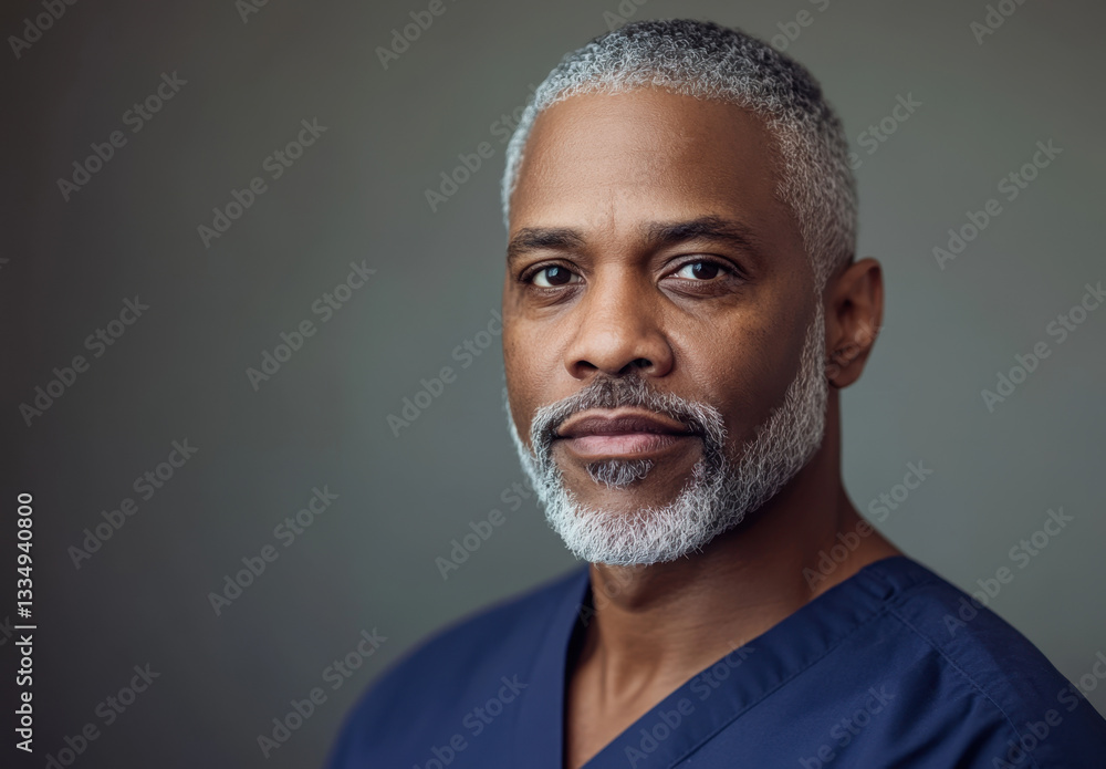 Fototapeta premium An African American male nurse dressed in navy scrubs presents a confident expression while looking directly at the viewer in a clinical environment, showcasing his professionalism and dedication