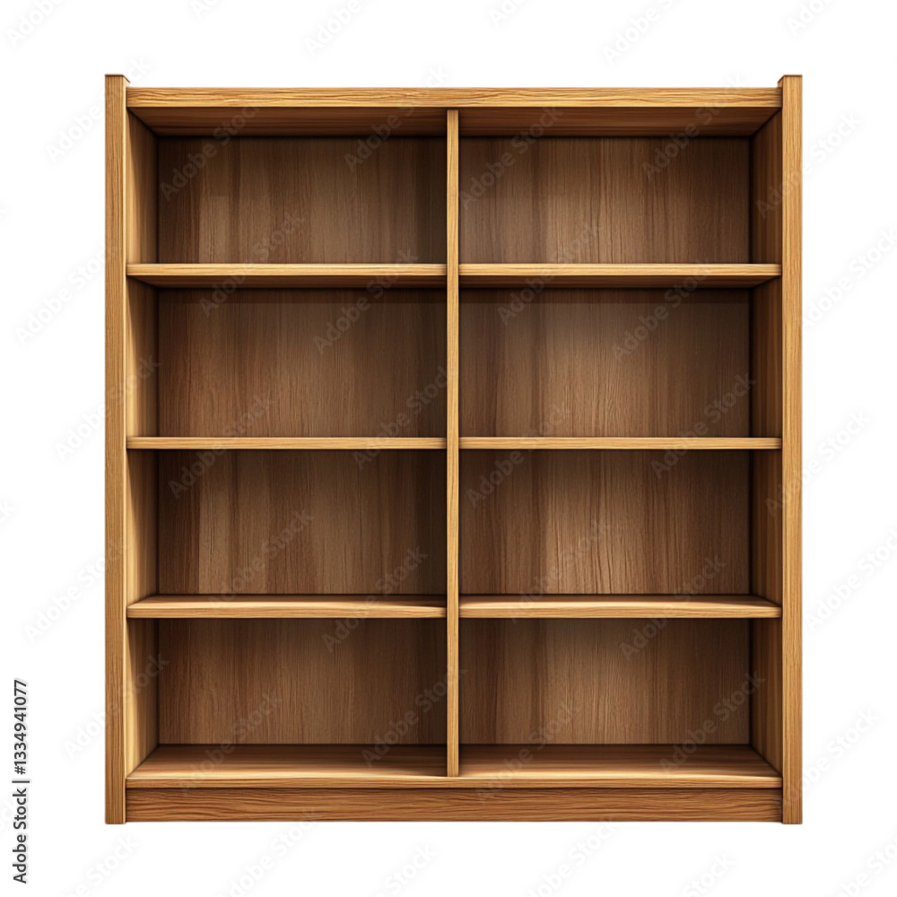 Empty wooden bookcase with multiple shelves home storage furniture Empty wooden bookcase with multiple shelves home storage furniture