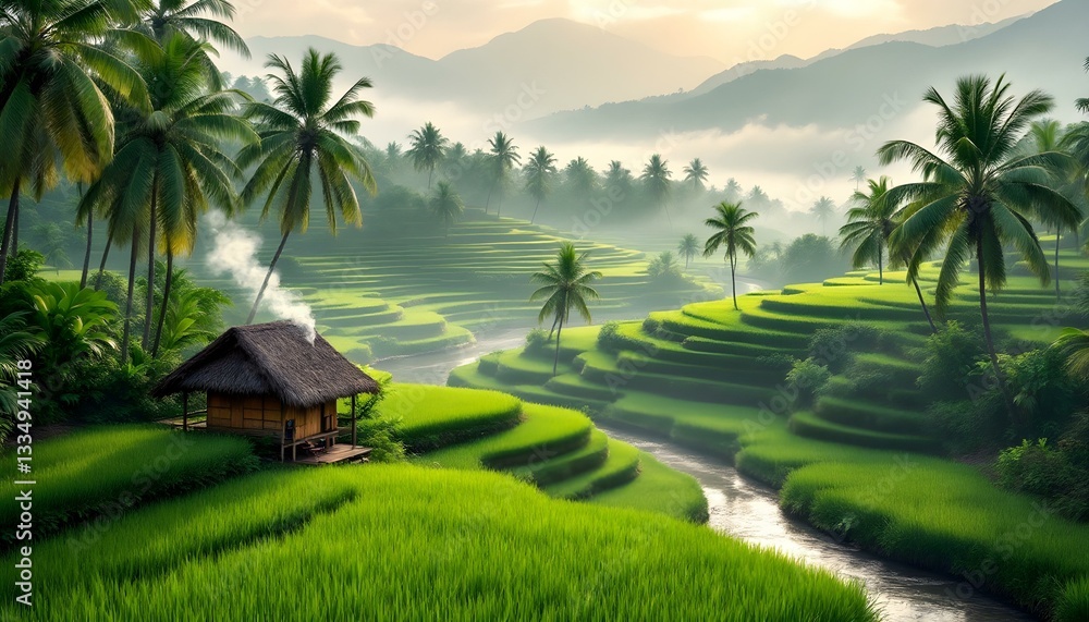 Obraz premium Scenic Tropical Rice Fields with Palm Trees and Morning Light