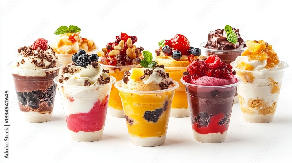 A selection of fruit-flavored ice creams garnished with fresh ingredients, served in cups, and presented against a white background in a front-facing view. A selection of fruit-flavored ice creams garnished with fresh ingredients, served in cups, and presented against a white background in a front-facing view.