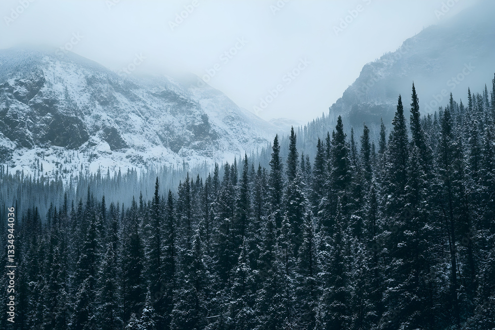 Snow covered mountains and forest in a foggy landscape Snow covered mountains and forest in a foggy landscape