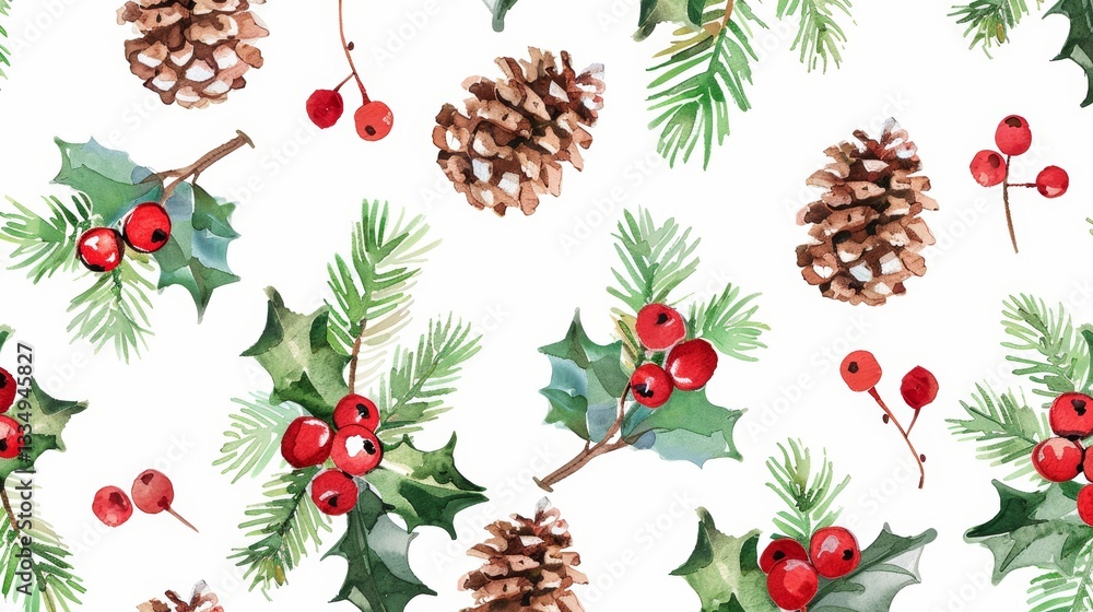 Fototapeta premium Watercolor Festive Seamless Pattern with Pinecones, Holly Branches, and Berries, Perfect for Holiday Decor and Winter Celebrations Design