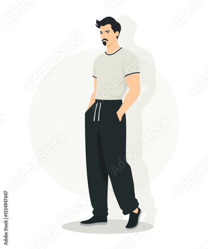 Young Man in a Light Beige T-Shirt and Black Joggers Standing Comfortably