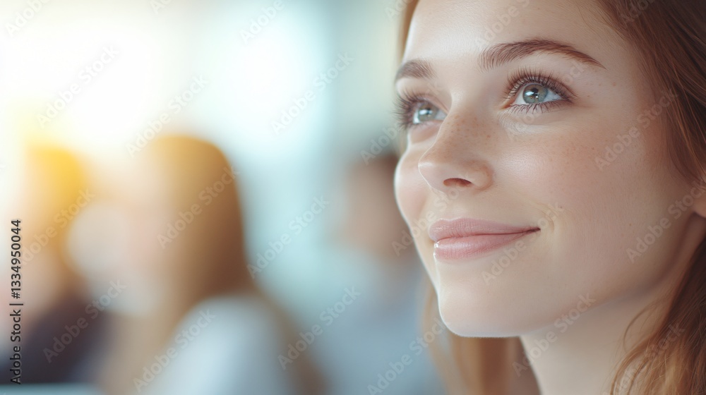 Young woman smiling, engaged and optimistic expression, bright indoor setting, suitable for personal growth or motivation themes. Young woman smiling, engaged and optimistic expression, bright indoor setting, suitable for personal growth or motivation themes.