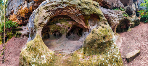 Panoramic over ancient forest, sandstone rocks Quirl and caves in the national park Saxon Switzerland, Saxony, Germany