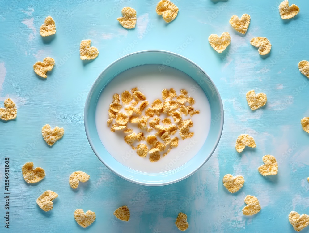 Cereal heart in a milk-filled bowl Cereal heart in a milk-filled bowl