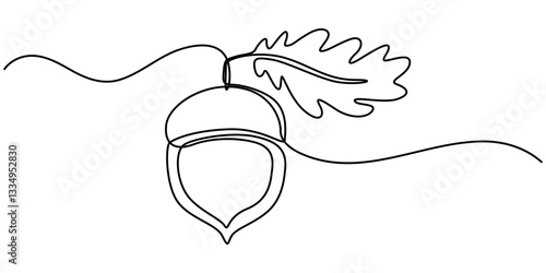 Acorn in one line black color on white background. Acorn design in line art style. Acorn icon design, One line art acorn. Single line art. Nature illustration for design, Acorn. Vector illustration.