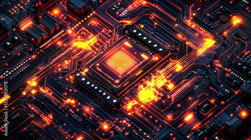 Wallpaper Mural Abstract close-up of glowing circuit board with black background and bright neon elements Torontodigital.ca