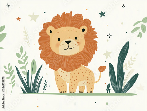 cute cartoon lion in jungle setting with stars and plants, children illustration