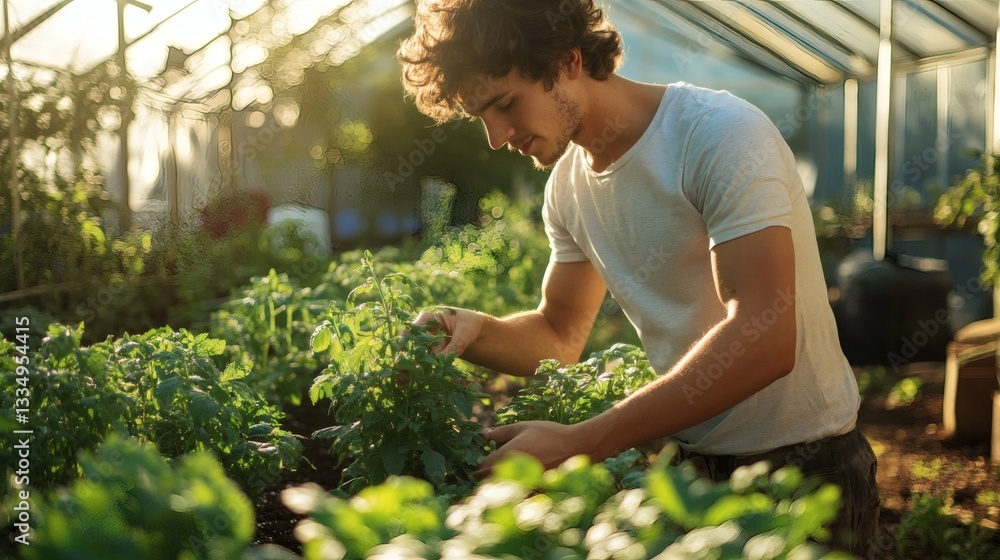 Obraz premium A young man tending plants inside of a greenhouse