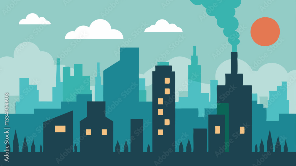 Fototapeta premium Pollution Skyline A depiction of a city skyline with smog and industrial smoke with warnings of air quality and the effects of pollution on weather.