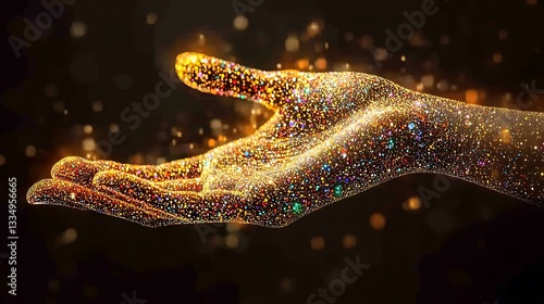 Glittering hand offering, magical particles.