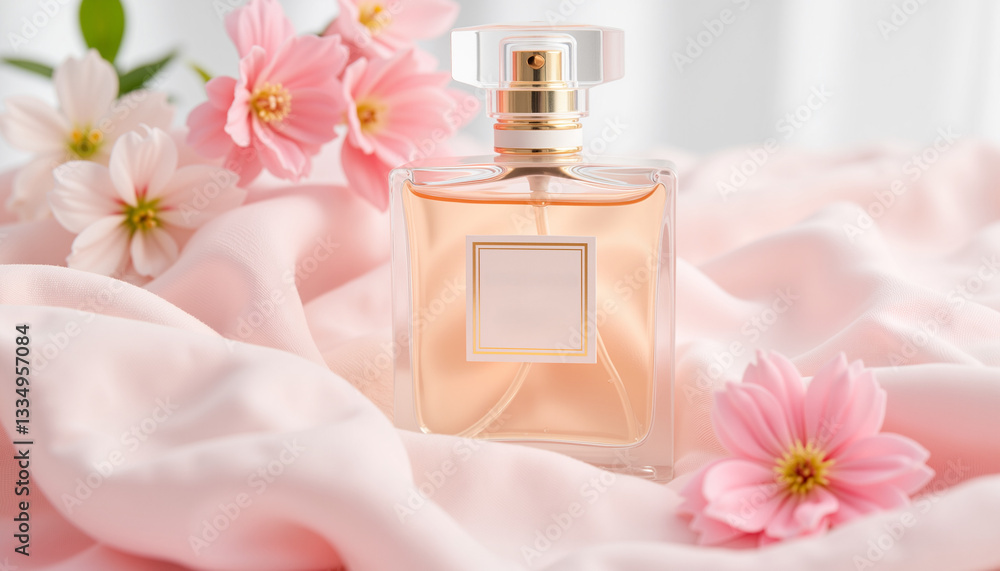 Elegant floral perfume bottle on soft fabric, luxurious gifting Elegant floral perfume bottle on soft fabric, luxurious gifting