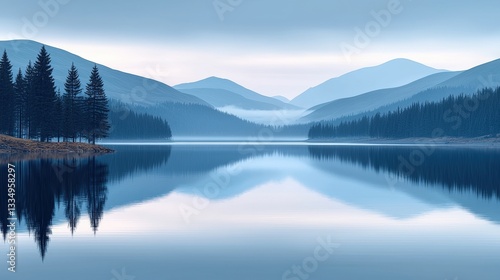 Serene Mountain Lake Reflection at Dawn with Misty Hills and Evergreen Trees in Soft Light