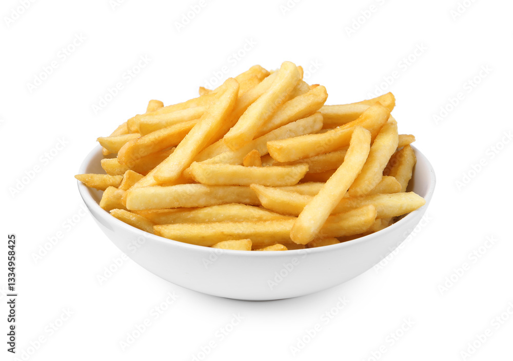 Delicious French fries in bowl isolated on white Delicious French fries in bowl isolated on white