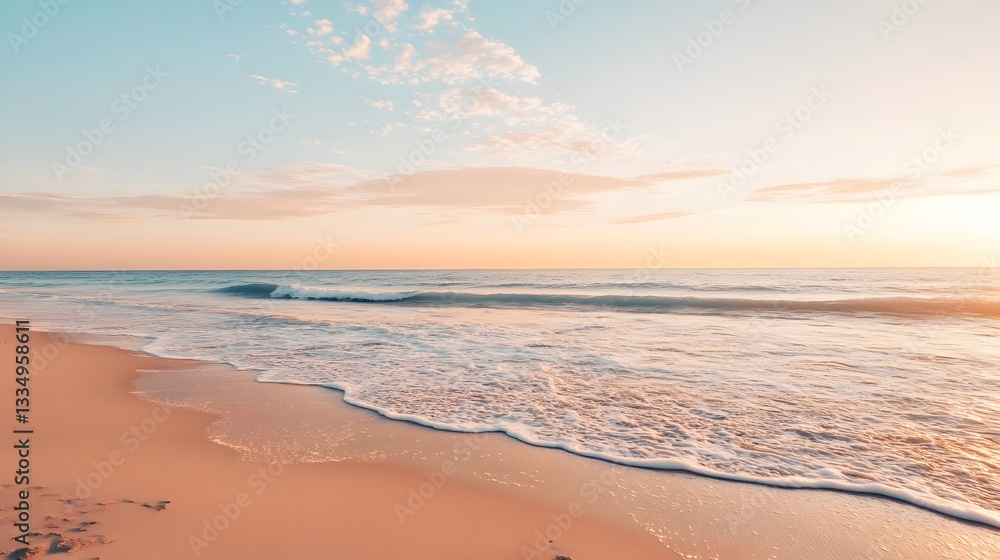 Fototapeta premium Serene Sunset Beach Scene Tranquil Ocean Waves Gently Rolling Onto Sandy Shore