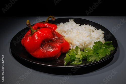 Roasted bell pepper with white rice and herbs