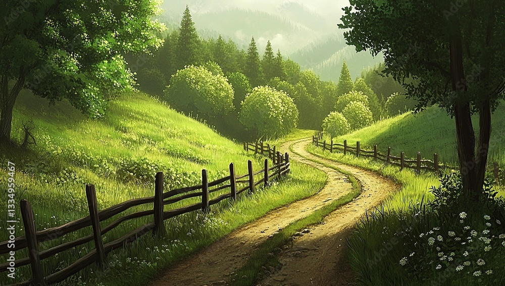 A winding country road leading through lush green meadows, lined with wooden fences and trees. A winding country road leading through lush green meadows, lined with wooden fences and trees.