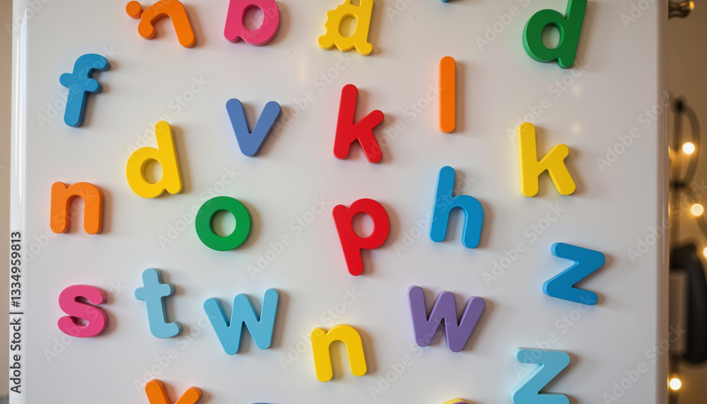 Obraz premium Vibrant alphabet fridge magnets scattered on refrigerator door, learning fun