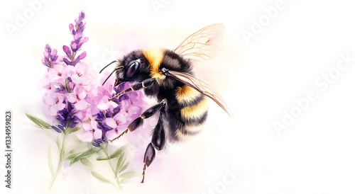 detailed watercolor vector of a bee on lavender, elegant and natural illustration with floral focus