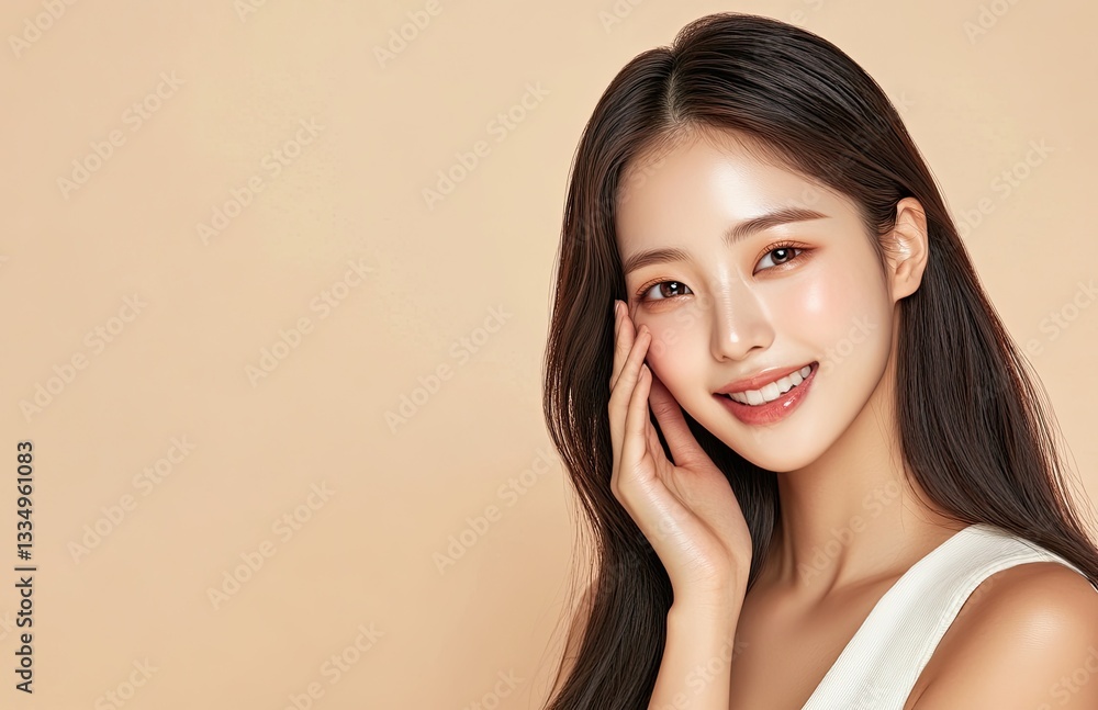 A young and beautiful Korean woman with long hair, smiling while gently touching her face in the center of an isolated beige background A young and beautiful Korean woman with long hair, smiling while gently touching her face in the center of an isolated beige background