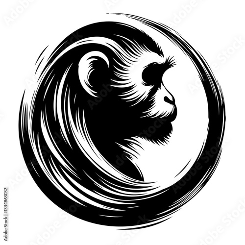 Vector black and white silhouette of a monkey, made with minimalistic strokes