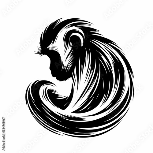 Vector black and white silhouette of a monkey, made with minimalistic strokes