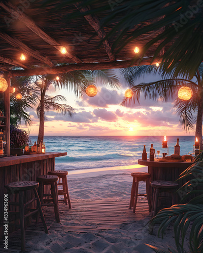 Serene beachfront bar at sunset invites relaxation and tropical vibes