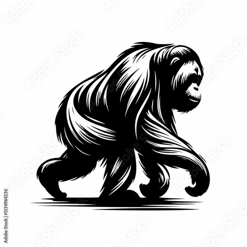 Vector black and white silhouette of an orangutan, made with minimalistic strokes