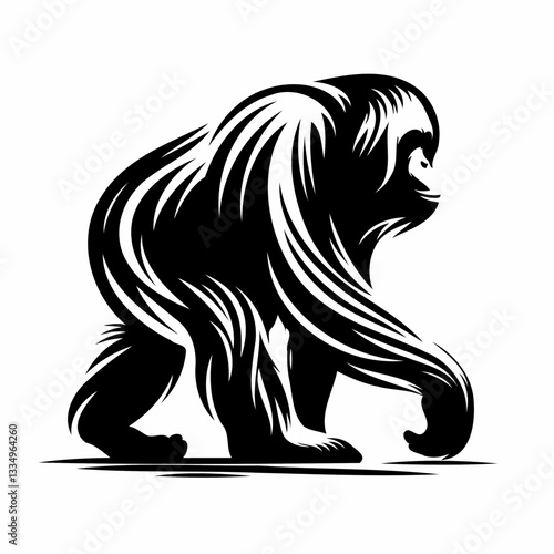 Vector black and white silhouette of an orangutan, made with minimalistic strokes