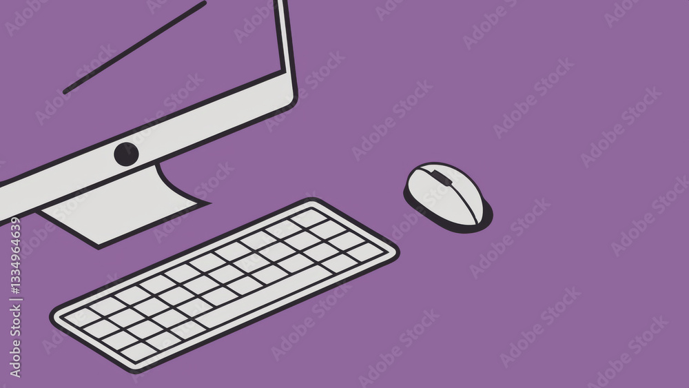 minimalist desk setup featuring computer monitor, keyboard, and mouse on vibrant purple background creates modern workspace minimalist desk setup featuring computer monitor, keyboard, and mouse on vibrant purple background creates modern workspace