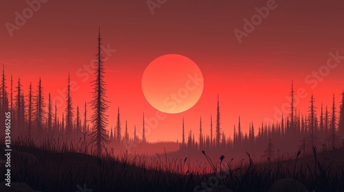 Serene Sunset Over a Misty Forest Landscape with Silhouetted Pine Trees and Vibrant Sky